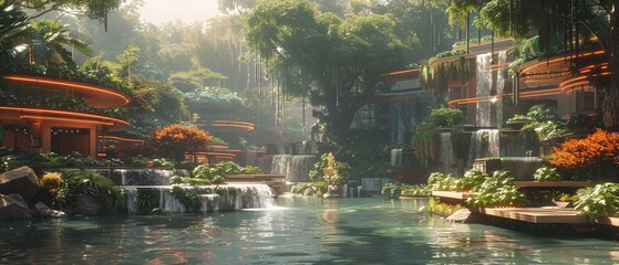 Landscape of Urban Oasis Serene Beauty Amidst Glass, Unreal Engine 3D, fish swimming in the pool
