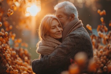 An elderly couple shares an affectionate embrace surrounded by the autumn ambiance and soft sunlight - Powered by Adobe