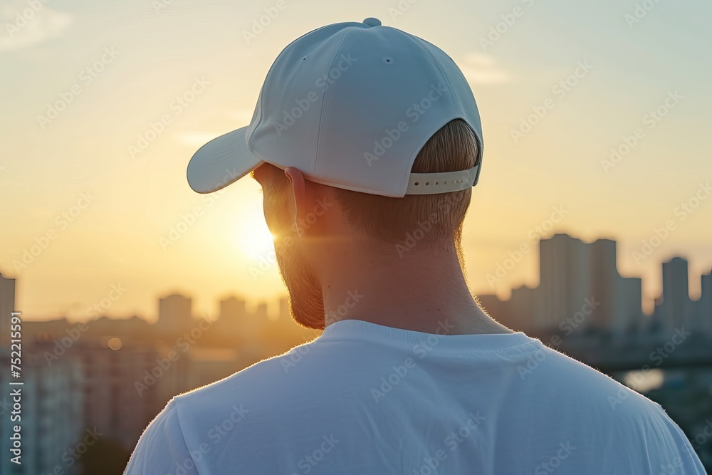 Wall mural portrait of caucasian man wearing plain cap hat, mockup