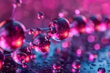 Close up of molecular structure illustration with connected spheres in pink and blue hues, depicting scientific concepts