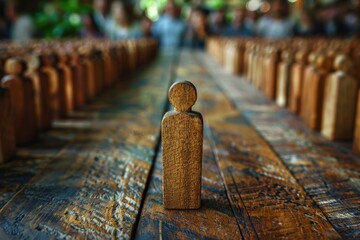 A wooden figure stands alone on a long table set for a meeting, signifying leadership or uniqueness
