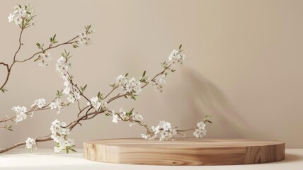 An empty wooden stand for product presentation accompanied by a branch of a spring flowering tree with white flowers.