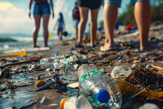 A beach is littered with trash, including a bottle with a blue cap