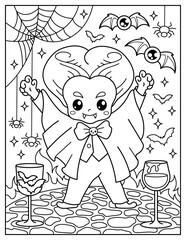 Cute kawaii vampire, bloody. Coloring book for children. Coloring book for adults. Halloween.