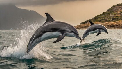 Several jumping dolphins in the water