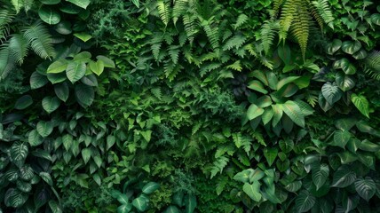 A wall adorned with herbs and plants, creating a natural green wallpaper and background reminiscent of a lush forest.