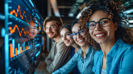 Fototapeta premium Team of experts with dynamic analysis and team spirit. The chart depicts industry results or market trends.