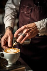 Fototapeta na wymiar Barista pouring latte foam over coffee, espresso and creating a perfect latte art. Ai Generative