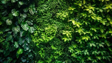Fototapeta premium A wall adorned with herbs and plants, creating a natural green wallpaper and background reminiscent of a lush forest.