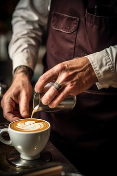 Barista pouring latte foam over coffee, espresso and creating a perfect latte art. Ai Generative