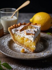 Pie with fresh lemons and powdered sugar. Delicious pastry. Fresh sweet dessert for breakfast. Tasty citrus cake. Nutritious sweet bakery food.