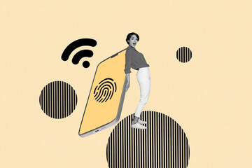 Artwork collage of mini excited black white colors girl hold big smart phone display fingerprint protection wifi signal isolated on beige background