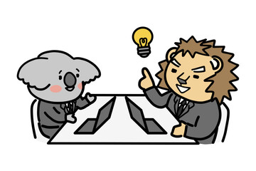 説明をする部下とアイデアがひらめく上司　動物のキャラクター