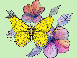 Color picture, flower with yellow butterfly. Vector, generative ai.