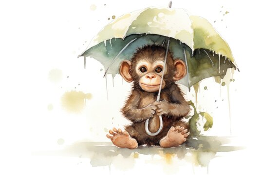 cartoon watercolor monkey with umbrella on white background