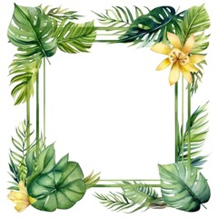 square frame of watercolor tropical green leaves on white background