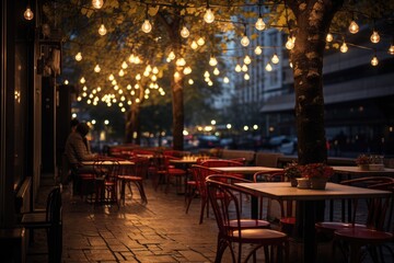 Fototapeta na wymiar Street Cafe: Outdoor cafe tables with string lights overhead.