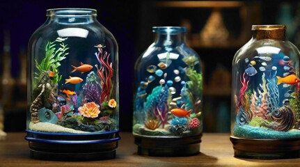 aquariums view with gold fish and stars  abstract fishes in the water background 