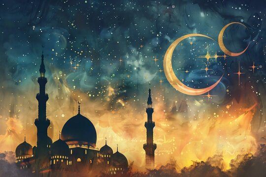mosque in cool night with double crescent, illustration poster background or greeting card for ramadan, laylatul qard, ied