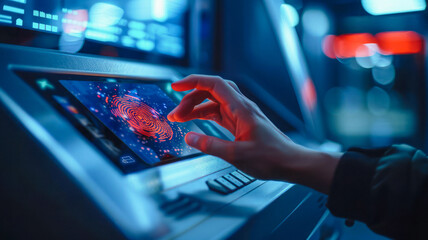 
Person at a modern biometric ATM, using a fingerprint scanner for secure access, with the screen confirming a successful transaction.