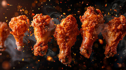Spicy fried chicken drumsticks suspended in mid-air with flames and hot spices flying around against a dark, dramatic background, suggesting intense flavor and heat.