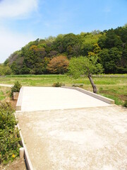 春の里山の木橋のある農道風景