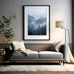Create an Artistic Haven: Large Vertical Poster Frame Mock-Up on a Stylish Bureau, Enhancing Your Gallery Wall in a Cozy Living Room!