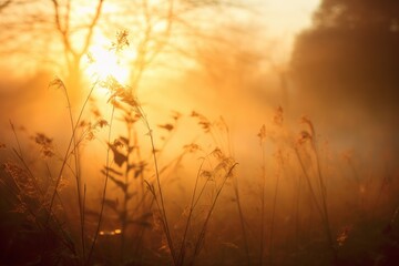 Fototapeta premium Sunrise through Fog: Soft bokeh lights through a misty morning.