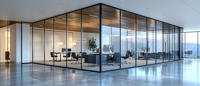 Modern office interior with glass walls, sleek desks with computers, floor-to-ceiling windows offering mountain views, minimalistic design and open space with natural light
