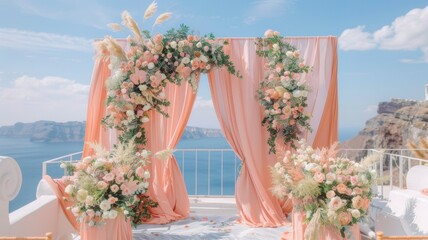 Fototapeta na wymiar A scenic Santorini wedding backdrop in soft pastel pink, embellished with floral arrangements and decorative elements.