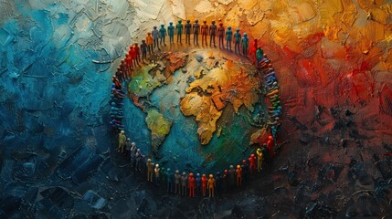 Artistic representation of global unity, featuring textured figures standing around an earth relief, symbolizing peace and togetherness