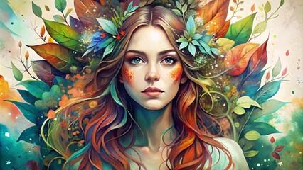 Portrait of beautiful girl with fantasy make-up and floral wreath