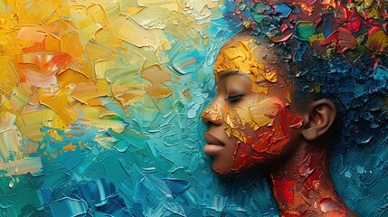 An abstract oil painting with a blend of vivid colors and a concealed ear captures the essence of...