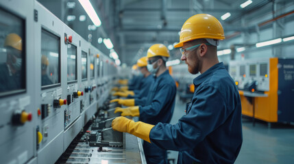 Workers in protective gear operate machinery on a manufacturing assembly line inside an industrial environment.