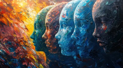 This captivating artwork showcases a row of profile faces painted with vibrant colors and textured...