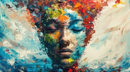 Colorful abstract expressionist painting of a human face with dynamic brush strokes