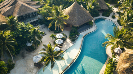 Aerial view of a beach resort with palm-thatched bungalow