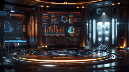 A high-tech control room with a futuristic holographic display showing charts and data analytics.
