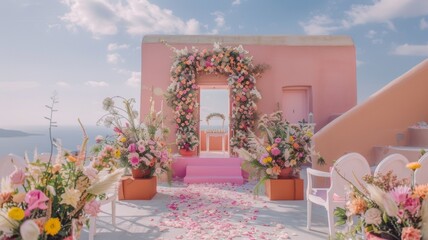 Fototapeta na wymiar A scenic Santorini wedding backdrop in soft pastel pink, embellished with floral arrangements and decorative elements.