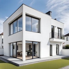 Using generative AI, visualize a contemporary architectural masterpiece, featuring a newly built detached house with pristine white walls, exuding elegance and modernity in every detail