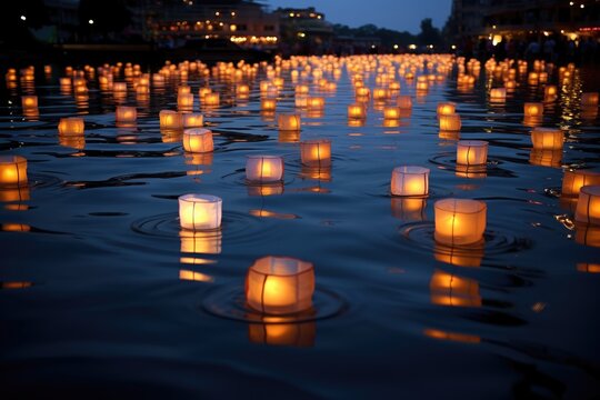 Glowing Lanterns Festival: Lanterns floating on water at night.