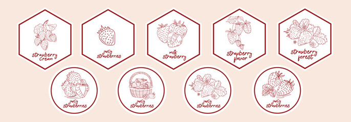 Large set of strawberry handmade illustration black, frame, logo, label, sticker, magnet, icon