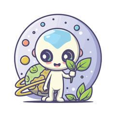 2d vector illustration chibi cute alien, holding sphere earth plant , full body , clean shape and line, white background, random moon background
