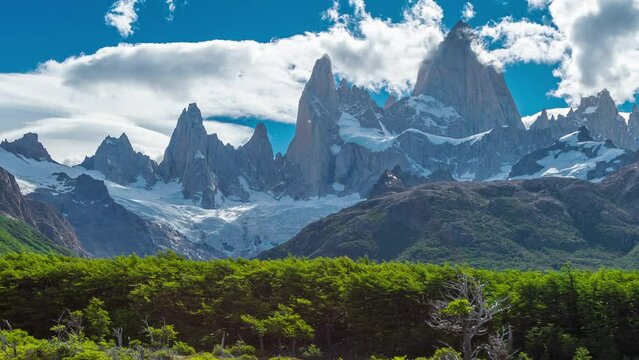 Timelapse of Fitz Roy mountain in El Chanten, on the border between Argentina and Chile, Los Glaciares National Park, Patagonia, Argentina.