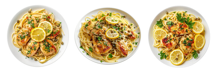 Chicken piccata with lemon caper sauce over spaghetti pasta Isolated cutout on transparent background.