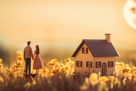 Toy figures smiling man woman and house