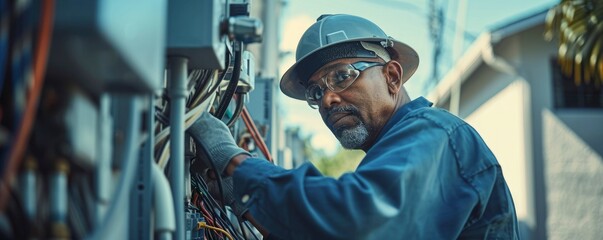 Checking voltage on electrical system. Technician working in an electrical main distribution board with electric cables - obrazy, fototapety, plakaty
