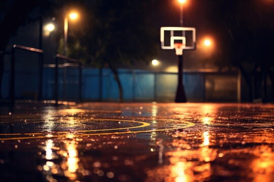 Basketball Court at Night: Court lights creating a unique bokeh effect.