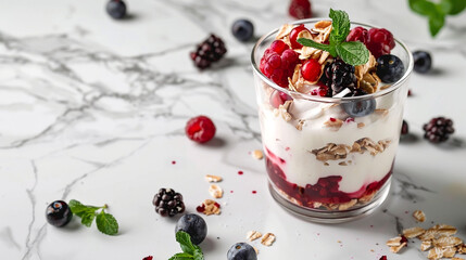  breakfast muesli and berries with yogurt in a transparent glass on a white marble table and with...