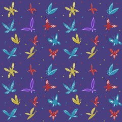 Cute hand drawn pattern for Kids with funny butterflies. Red, blue, yellow insects